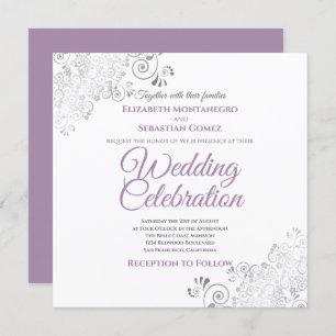 Silver Filigree Elegant Purple Square Wedding Invitation