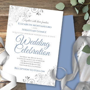 Silver Filigree Elegant Simple Blue Grey Wedding Invitation