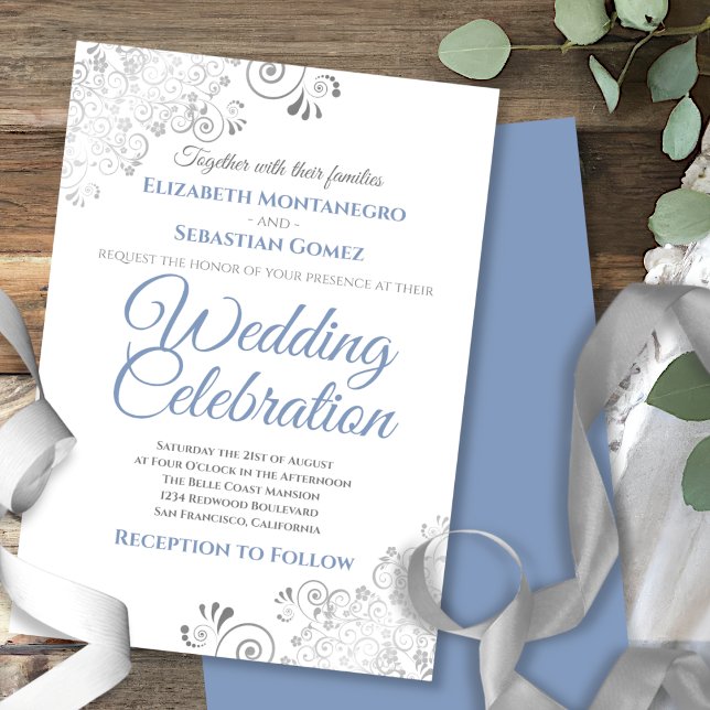 Silver Filigree Elegant Simple Blue Grey Wedding Invitation (Creator Uploaded)