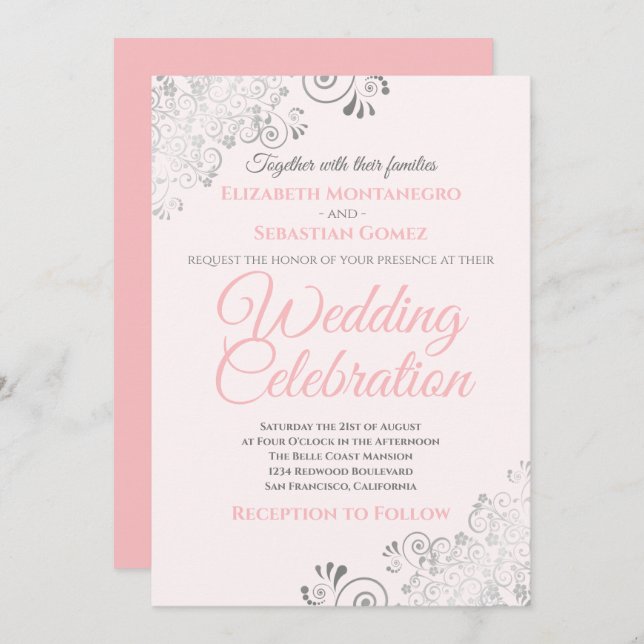 Silver Filigree Elegant Simple Pink Wedding Invitation (Front/Back)
