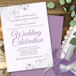 Silver Filigree Elegant Simple Purple Wedding Invitation