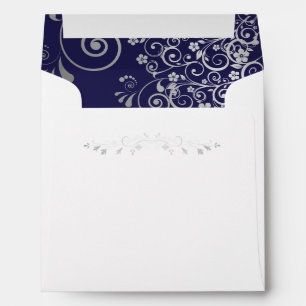 Silver Filigree Frills on Navy Blue Square Wedding Envelope