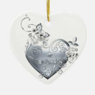 Silver Filigree Heart & White Roses Ceramic Ornament