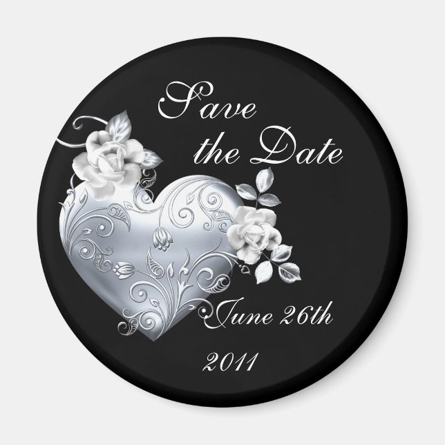 Silver Filigree Heart & White Roses Magnet (Front)