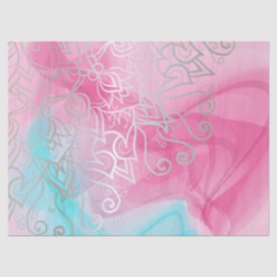Silver Filigree Henna Ornaments On Pink Turquoise Tissue Paper