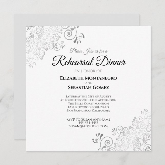 Silver Filigree Square Wedding Rehearsal Dinner Invitation (Front/Back)