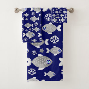 Silver Fish Evil Eye Pattern Bath Towel Set