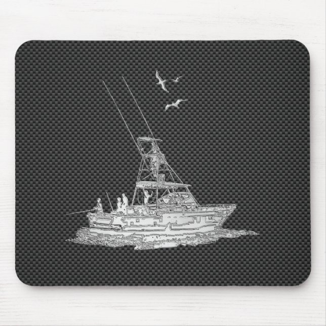 Silver Fishing Boat on Carbon Fibre Mouse Pad (Front)