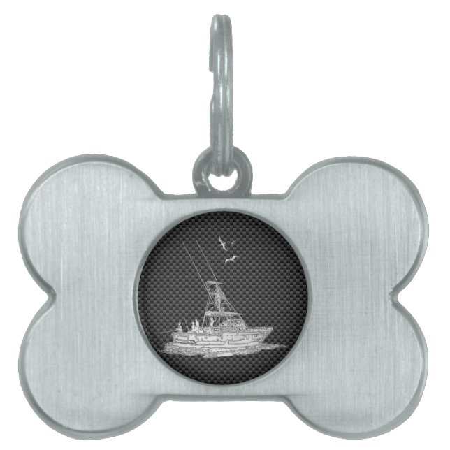 Silver Fishing Boat on Carbon Fibre Pet Tag (Front)