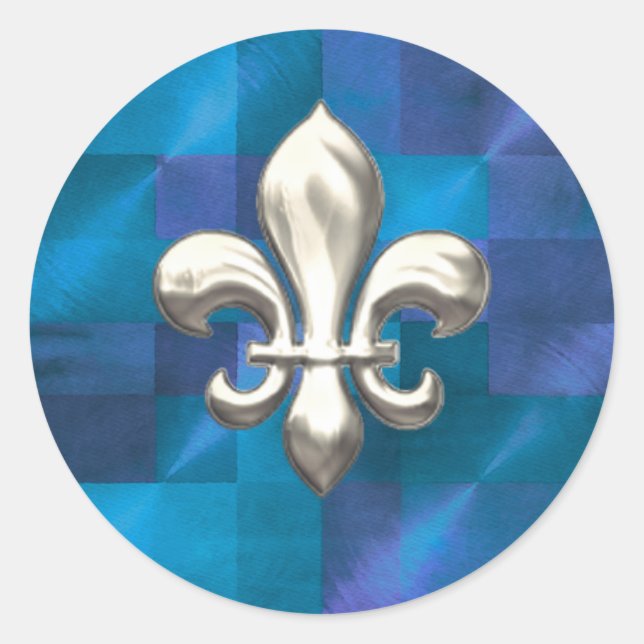 Silver Fleur de Lis on Abstract Blues Classic Round Sticker (Front)
