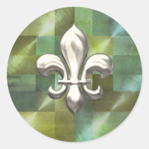 Silver Fleur de Lis on Abstract Greens Classic Round Sticker