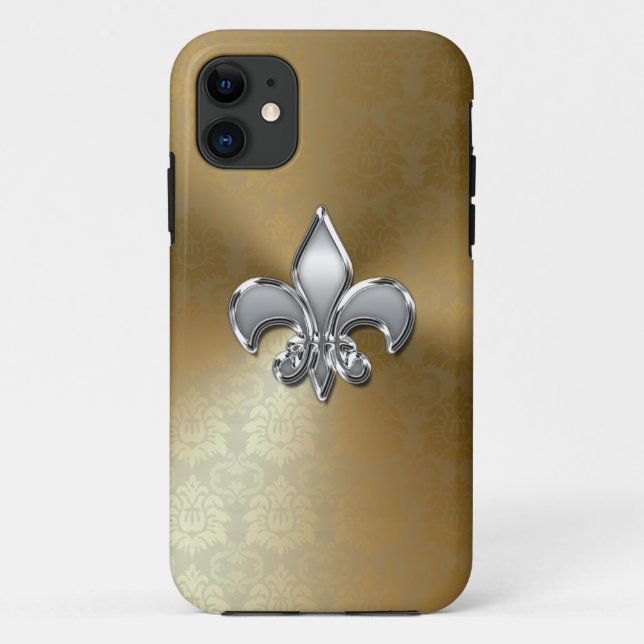 Silver Fleur-De-Lis on Gold Damask Case-Mate iPhone Case (Back)