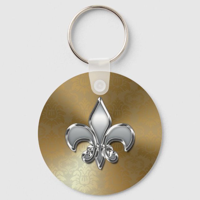 Silver Fleur-De-Lis on Gold Damask Key Ring (Front)