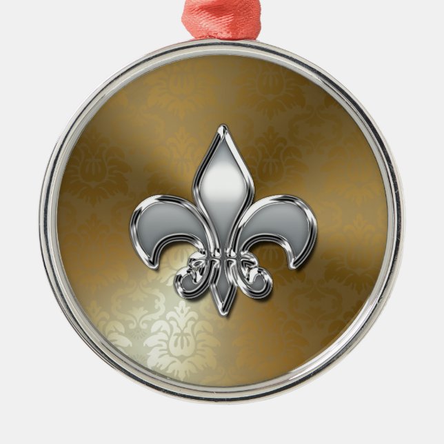 Silver Fleur-De-Lis on Gold Damask Metal Tree Decoration (Front)