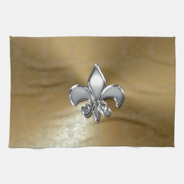Silver Fleur-De-Lis on Gold Damask Tea Towel (Horizontal)