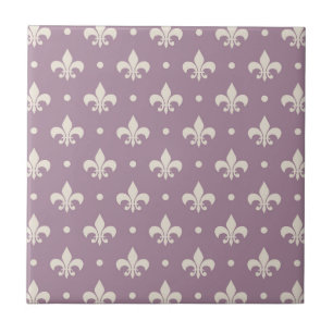 Silver Fleur De Lis pattern on purple background Ceramic Tile