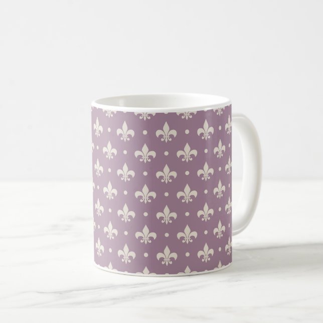 Silver Fleur De Lis pattern on purple background Coffee Mug (Front Right)