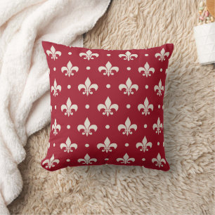 Silver Fleur De Lis pattern on red background Cushion