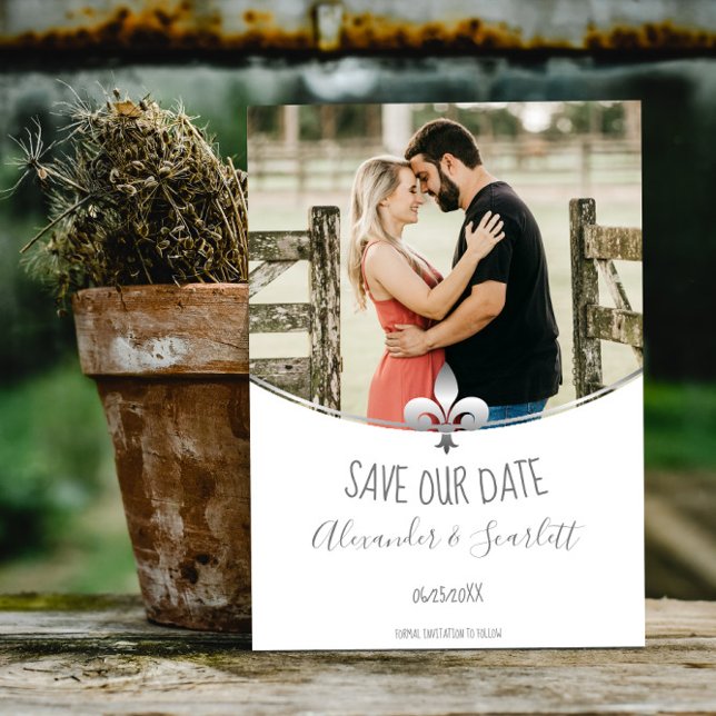 Silver Fleur de Lis Photo Save The Date Announcement (Silver Fleur de Lis Photo Save the Date)