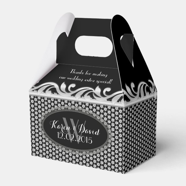 Silver Fleur Geometric Pattern Black White Party Favour Box (Back Side)