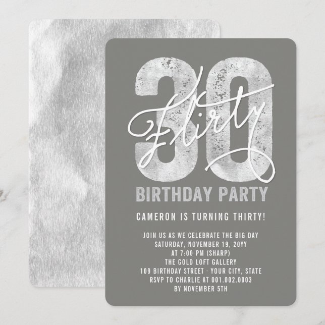 Silver Flirty Thirty 30th Birthday Party Invite (Front/Back)
