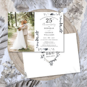 Silver Floral 25th Wedding Anniversary Photo Invitation