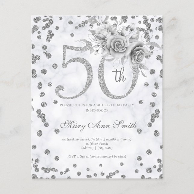 Silver Floral 50th Birthday Invite Marble Flyer (Front)