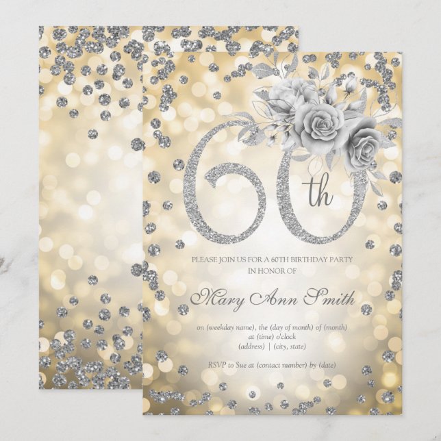 Silver Floral 60th Birthday Glam Lights Gold  Invitation (Front/Back)