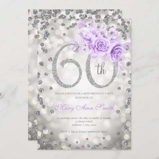 Silver Floral 60th Birthday Glam Lights Purple  Invitation (Front/Back)