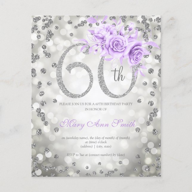 Silver Floral 60th Birthday Lights Invite Purple  Flyer (Front)
