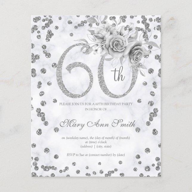 Silver Floral 60th Birthday Marble Invitation  Flyer (Front)