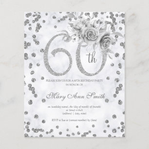 Silver Floral 60th Birthday Marble Invitation Flyer