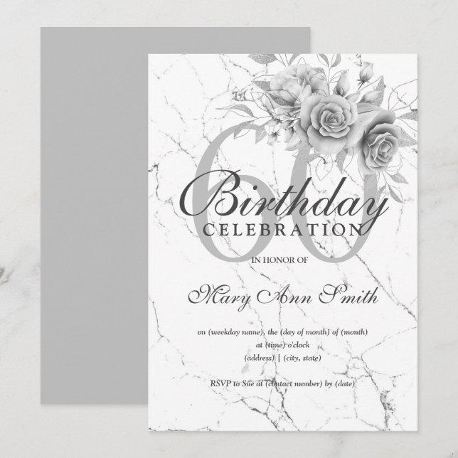 Silver Floral 60th Birthday Party Marble  Invitation (Front/Back)