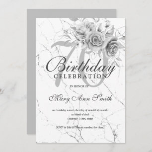 Silver Floral 70th Birthday Party Marble  Invitation