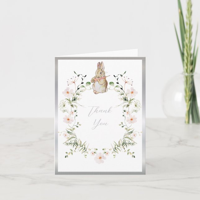 Silver Floral Baby Bunny Baby Shower Thank You Card (Front)