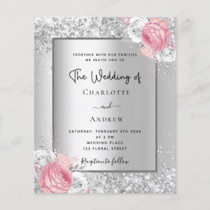 Silver floral blush pink budget wedding invitation flyer