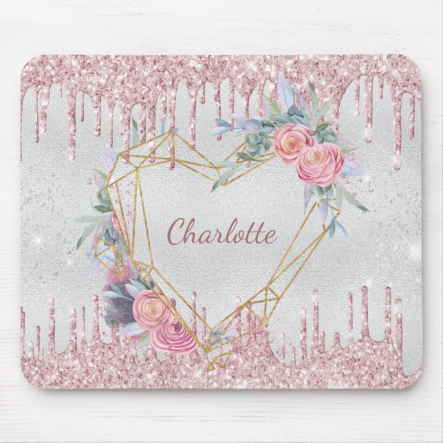 Silver floral blush pink glitter monogram mouse pad (Front)