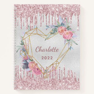 Silver floral blush pink glitter name diary  notebook