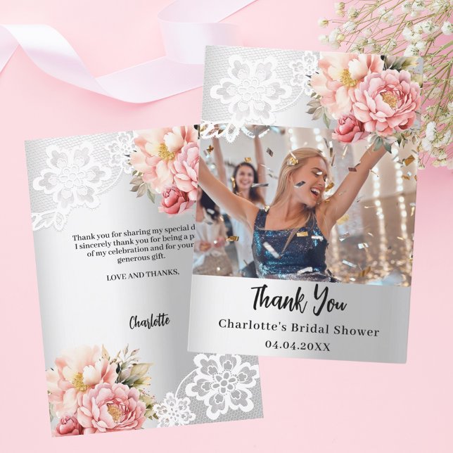 Silver floral Bridal Shower photo thank you card (Creator Uploaded)