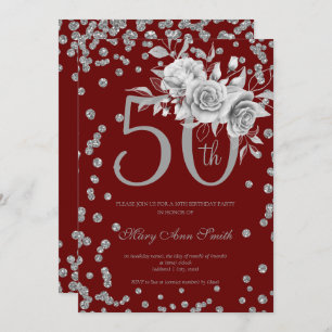Silver Floral & Confetti 50th Birthday Burgundy  Invitation