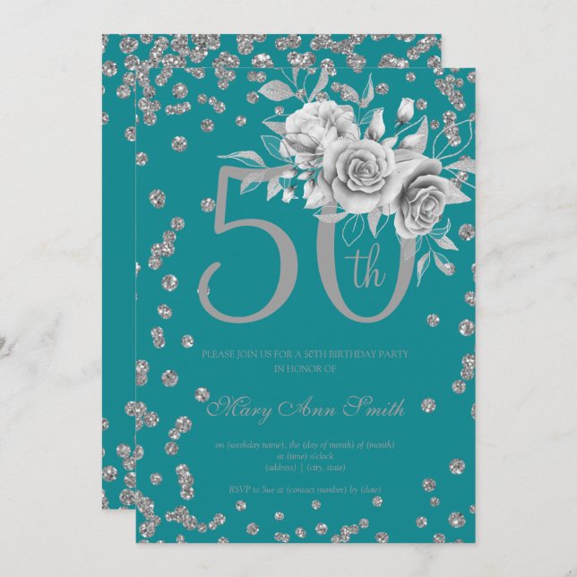 Silver Floral & Confetti 50th Birthday Party Teal  Invitation (Front/Back)