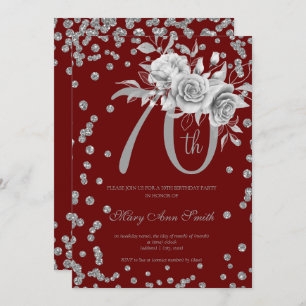 Silver Floral & Confetti 70th Birthday Burgundy  Invitation