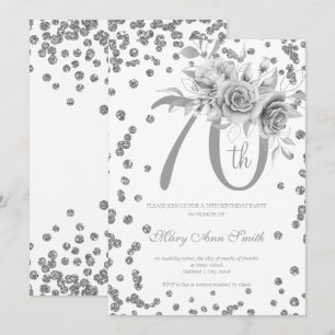 Silver Floral & Confetti 70th Birthday Party  Invitation
