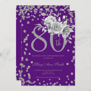Silver Floral & Confetti 80 Birthday Party Purple  Invitation