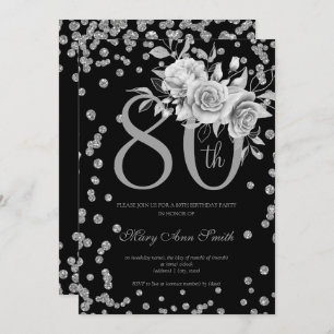 Silver Floral & Confetti 80th Birthday Party Black Invitation