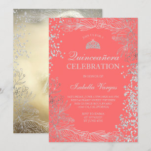 Silver floral coral photo Tiara Quinceañera Invitation