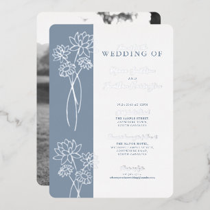 Silver Floral Dusty Blue Wedding Foil Invitation