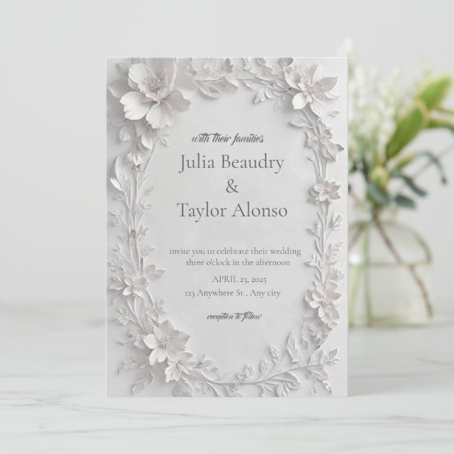 Silver Floral Embossed Wedding Invitation (Standing Front)