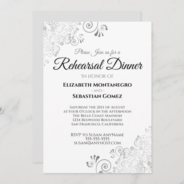 Silver Floral Filigree Wedding Rehearsal Dinner Invitation (Front/Back)