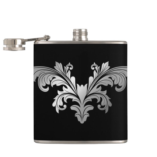 Silver Floral Flourish on Rich Black Classic Flask (Opened)